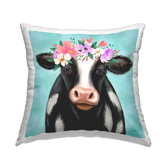 Stupell Industries Farm Cow Calf Pink Floral Blossom Crown Throw Pillow, 18" x 18"